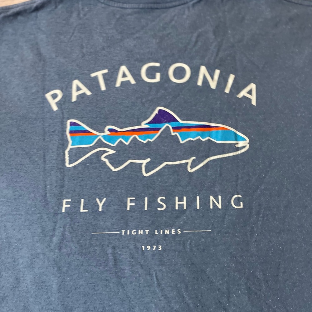 Patagonia Navy Blue Fly Fishing Logo Tee with Multicolor Fish